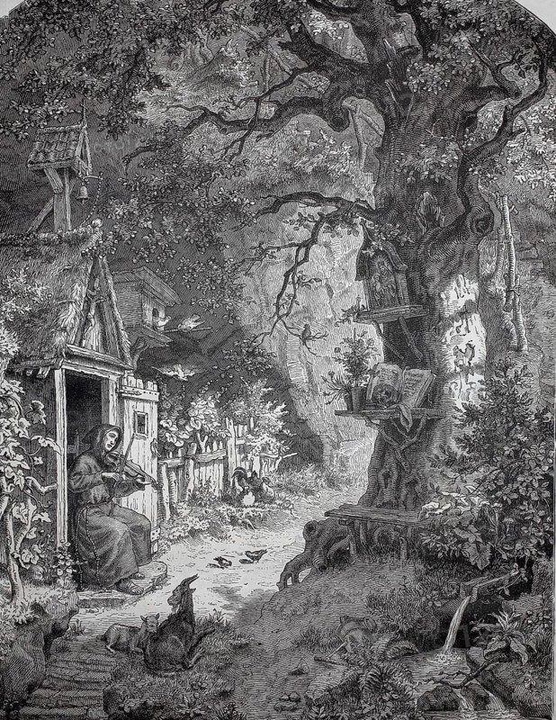Hermit in a hut in the forest, playing the violin, in the surrounding area many devotional objects and some wild animals, 1880, A man sitting in front of his mystical house in the forest, surrounded by animals, historical, authentic, digitally restored reproduction from a 19th-century model, record date not stated