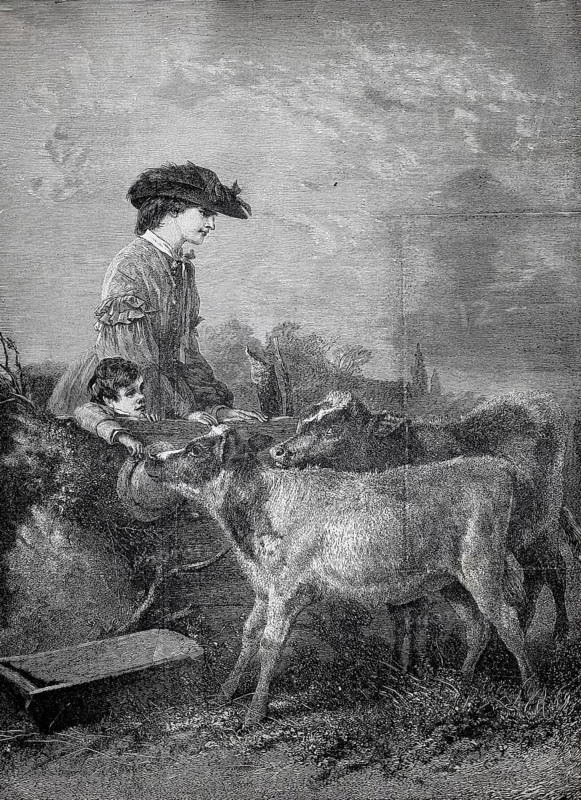 In the pasture, woman with her child walking in the countryside have passed by a pasture, curious calves sniff at her, woman with hat and child standing among young animals in the countryside, historical, authentic, digitally restored reproduction from a 19th century original, record date not stated