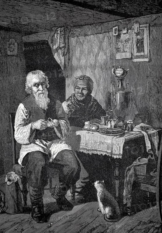 A farming family in their room, man and woman sitting at a table, 1880, Russia, Elderly couple in traditional clothing sitting in a rustic wooden room with a cat, historical, authentic, digitally restored reproduction from a 19th-century model, Record date not stated