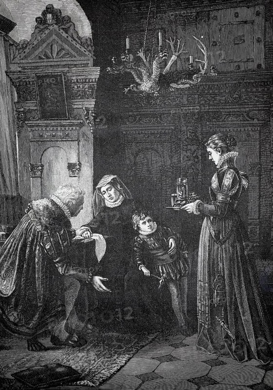 Condolence visit, distinguished man visits the widow in mourning, another woman serves him a drink, noble couple and a child in a magnificent Renaissance setting by candlelight, historical, authentic, digitally restored reproduction from a 19th-century original, record date not stated