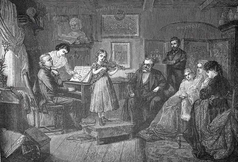 The little musician, girl playing the violin in front of the family, accompanied on the piano by her music teacher, 1880, family scene with a child playing on a violin, historical, authentic, digitally restored reproduction from a 19th-century model, record date not stated