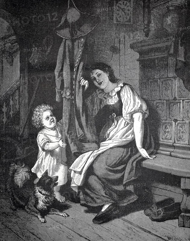 Where am I, mother playing hide and seek with her child, mother with child and dogs in front of a fireplace in a homely scene, historical, authentic, digitally restored reproduction of a 19th-century model, record date not stated
