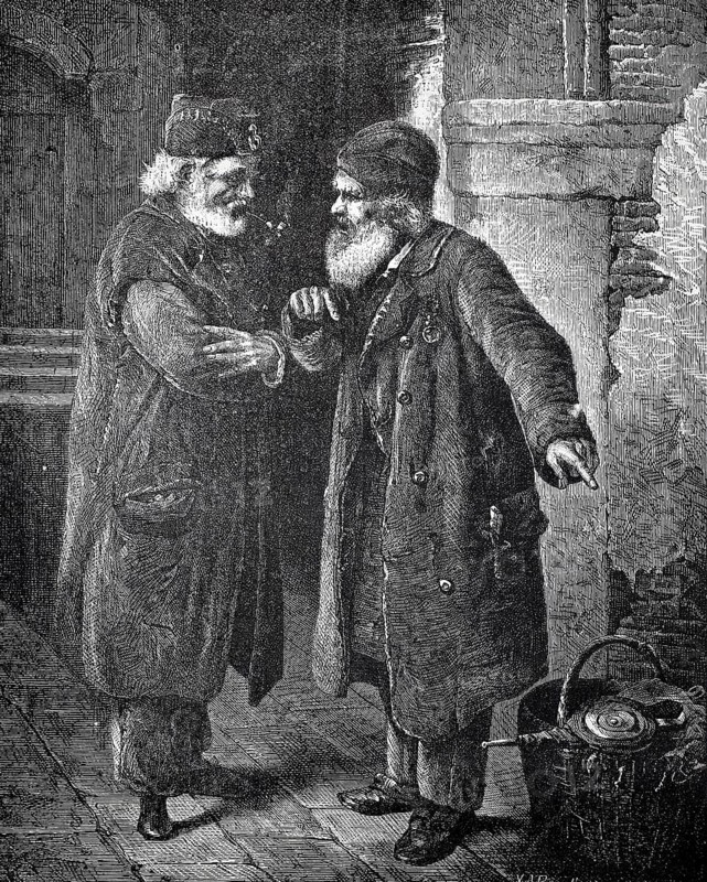 Two veterans, two old bearded men talking on the street, around 1880, Two elderly men in friendly conversation on a historic street, historic, authentic, digitally restored reproduction from a 19th-century model, Record date not stated