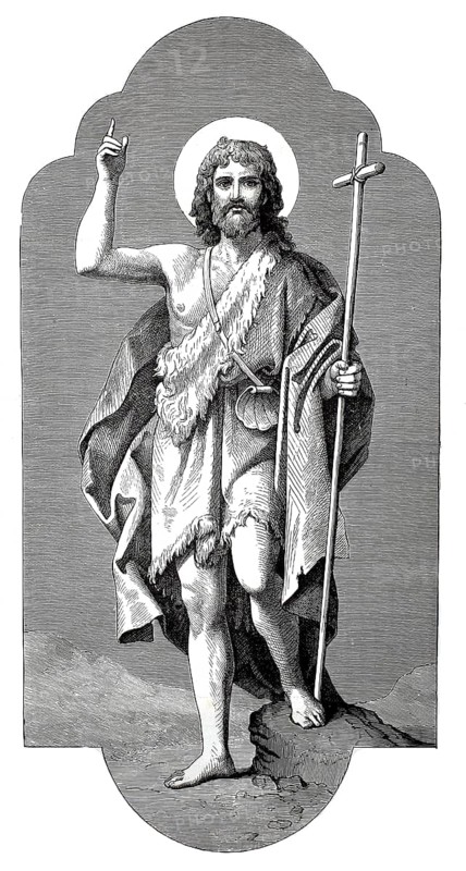 John the Baptist was a Jewish penitential preacher of the 1st century who is venerated in Christianity as the decisive pioneer of Jesus Christ, person with halo and staff in religious representation, historical, authentic, digitally restored reproduction from a 19th-century model, record date not stated