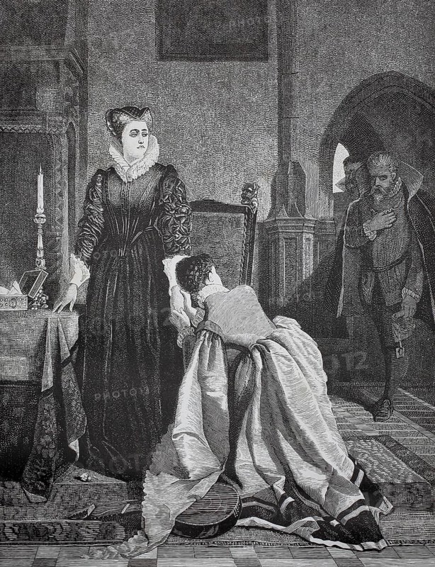 Mary Stuart was sentenced to death for high treason, more precisely because of her involvement in plots to murder her cousin Queen Elizabeth I and to take over the English throne, and here she learns her verdict, 1587, England, woman in black dress mourns, man looks at the scene from afar, historical, authentic, digitally restored reproduction of a model from the 19th century, record date not stated