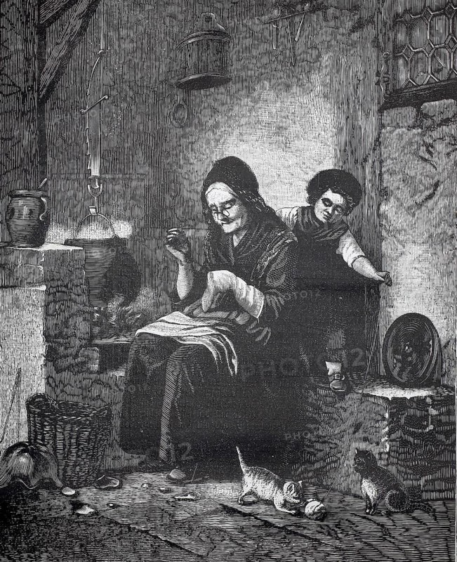 Old woman doing sewing work, sitting at the stove while a girl plays on the cats with balls of wool, an old woman sews in a rustic hut while cats are around her. A child observes curious, historical, authentic, digitally restored reproduction of a 19th-century original, Record date not stated