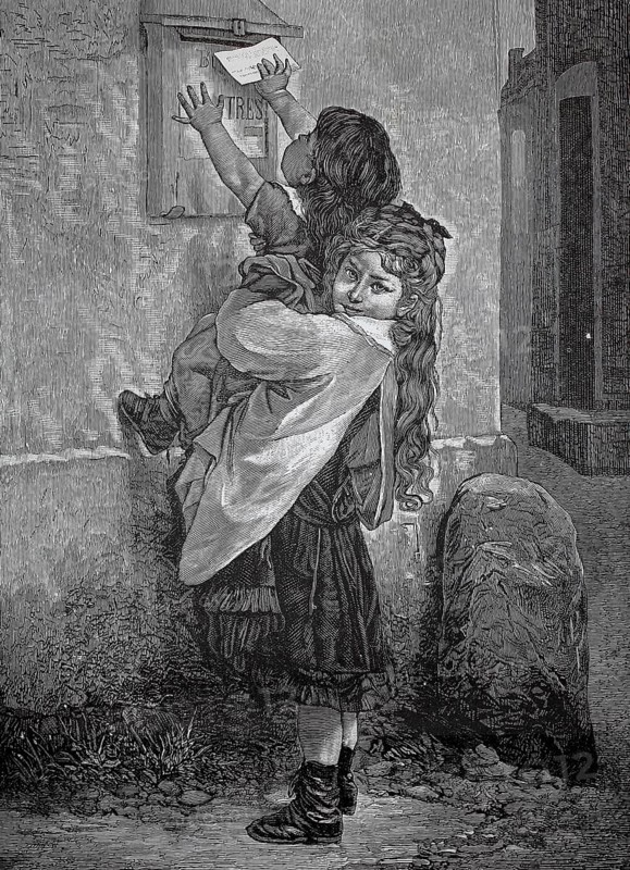 At the mailbox, girl picks up her little sister so she can drop in a letter, 1880, France, An older girl picks up a younger girl to put a letter in the tall box, historical, authentic, digitally restored reproduction from a 19th-century original, record date not stated