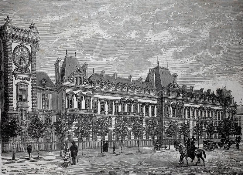 The Ministry of War in Paris, around 1880, France, A massive historic building with tower and clock, surrounded by passers-by and horse-drawn carriages, historic, authentic, digitally restored reproduction from a 19th-century model, Record date not stated