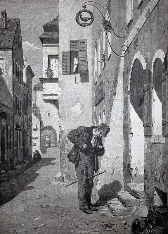 Man searches for the last change in his pockets in front of he enters an inn, a man stands in an old city street smoking. The architecture around him is detailed and historic, authentic, digitally restored reproduction from a 19th-century model, record date not stated