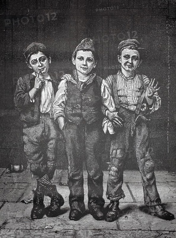 Playmates, three boys stand next to each other in an adventurous way, three boys stand close together, laugh and show a playfully carefree manner, historical, authentic, digitally restored reproduction of a 19th-century original, record date not stated