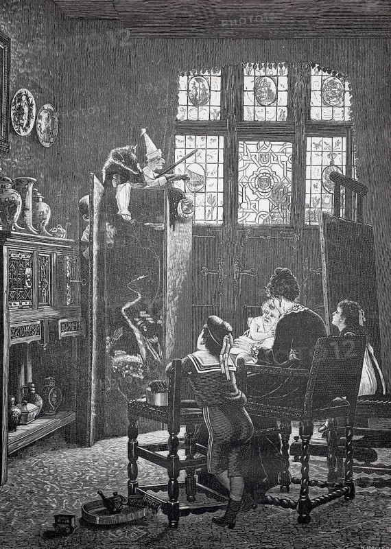 Puppet theatre, puppet theatre, children watch a puppet show, a family is sitting eating and a costumed man looks in through the door, which triggers surprise, historical, authentic, digitally restored reproduction of a 19th-century model, record date not stated