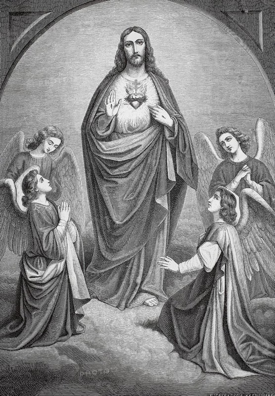 Sacratissimum Cor Iesu is a symbol of the divine love and mercy of Christ in the Catholic Church, Jesus surrounded by angels, heart symbolically represented, historical, authentic, digitally restored reproduction from a 19th century model, record date not stated