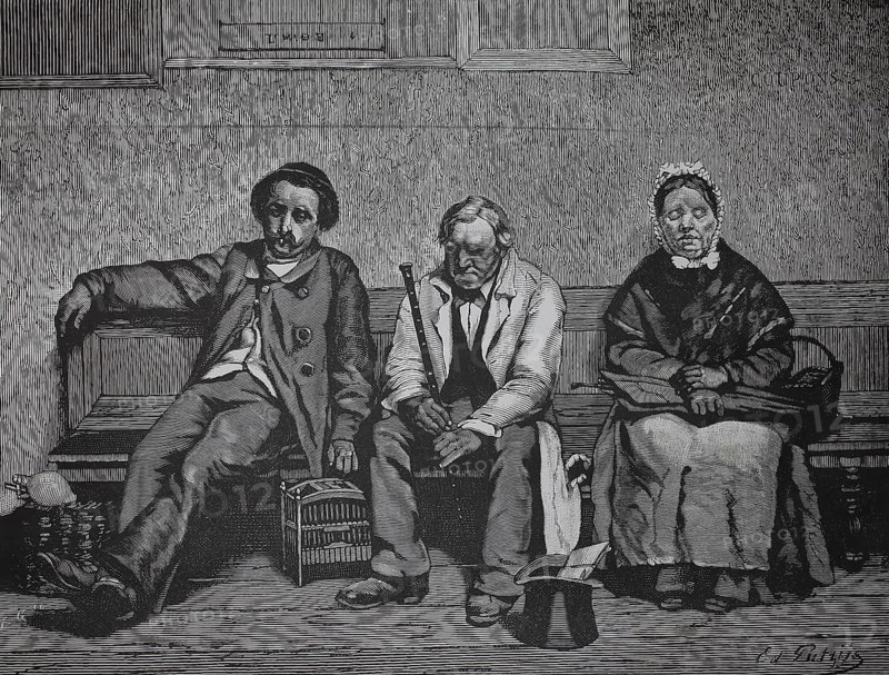 People in the fourth-grade waiting room at the train station, three people sitting waiting on a bench. Their faces are exhausted, the situation appears melancholy, historic, authentic, digitally restored reproduction of a model from the 19th century, record date not stated