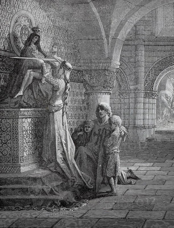The crusader says farewell to the family in church, around 1100, France, A scene in a royal palace depicts a royal figure as knights kneel in awe, historical, authentic, digitally restored reproduction from a 19th-century original, record date not stated