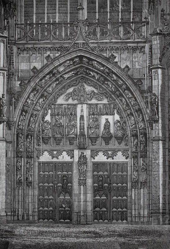 Main portal, St. John's Cathedral, Saint Janskathedraal, important Roman Catholic Gothic cathedral in 's-Hertogenbosch and considered the highlight of Brabant Gothic in the Netherlands, 1880, Holland, highly detailed Gothic church portal with impressive reliefs, historic, authentic, digitally restored reproduction of a model from the 19th century, record date not stated