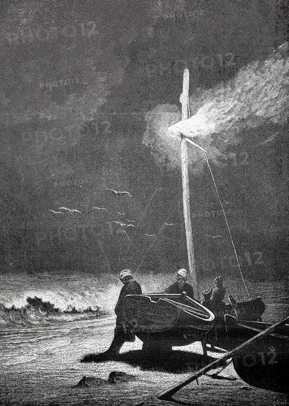In the evening, a boat is still missing, which is still on the high seas. A beacon was lit on a mast, as a trail marker, 1880, Germany, fisherman at night on a boat while a strong storm rages, historical, authentic, digitally restored reproduction from a 19th century original, record date not stated