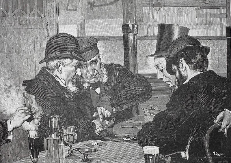 Four men playing cards in a tavern, 1880, Germany, men playing cards concentrated in a cozy room, historic, authentic, digitally restored reproduction of a model from the 19th century, record date not stated