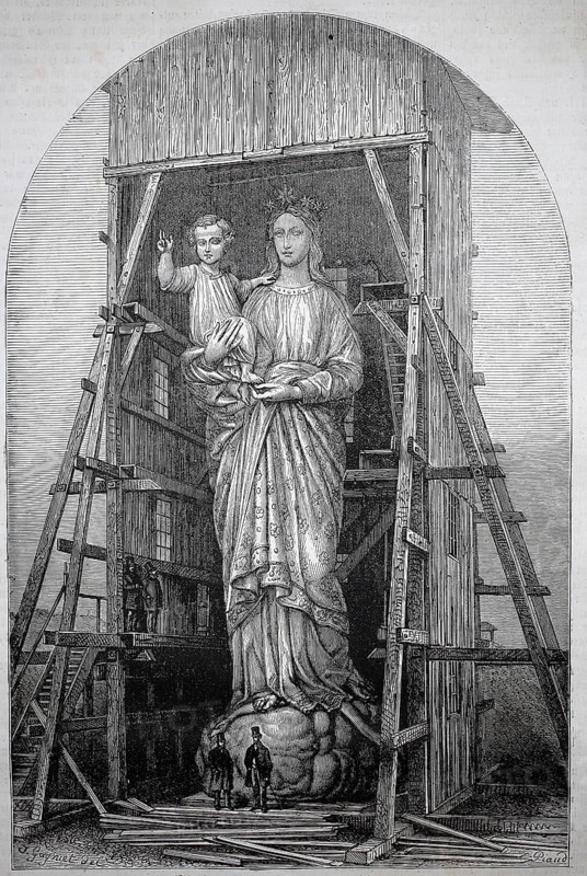 Construction site for the monumental Notre-Dame de France statue on the Rocher Corneille in Le Puy-en-Velay, France. It was cast from metal from cannons captured during the Crimean War, 1858, France, large Madonna sculpture with child built in a wooden structure, historical, authentic, digitally restored reproduction from a 19th century model, record date not stated