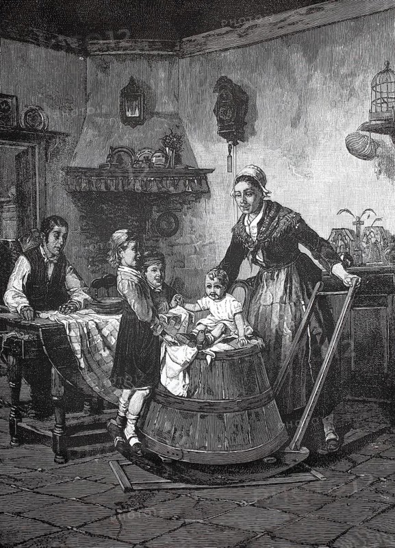 Family with three children in a farmhouse room, the children playing with a seesaw, 1880, Germany, family doing daily chores in a rustic interior, historic, authentic, digitally restored reproduction from a 19th century model, record date not stated