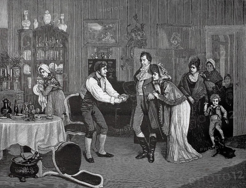 Unexpected visit by the family of the parents-in-law who suddenly stands in the room, 1880, Germany, joyful greeting scene at the return home of a family member, historical, authentic, digitally restored reproduction from a 19th-century model, record date not stated