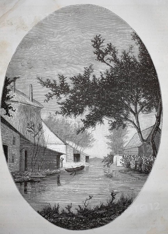 Landscape from the Gouda area, 1880, Holland, Netherlands, idyllic river landscape with buildings and trees, historic, authentic, digitally restored reproduction from a 19th century model, record date not stated