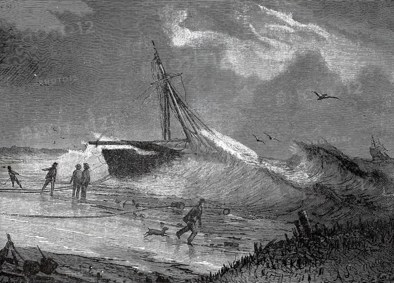 Stranded ship on the North Sea coast in Brittany, 1880, France, A shipwrecked ship on the beach under threatening waves, historic, authentic, digitally restored reproduction from a 19th-century original, record date not stated