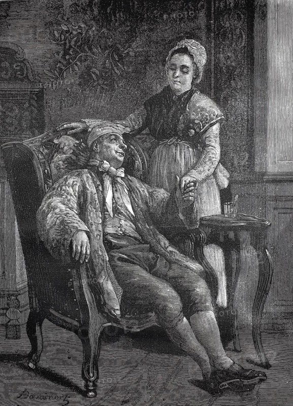 Woman visits her sick father who is sitting in an armchair, around 1880, A man relaxes in an armchair while a woman sits with him caring, historical, authentic, digitally restored reproduction from a 19th-century model, Record date not stated