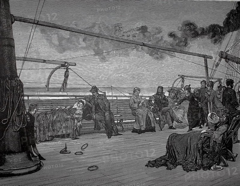 On the high seas, summer visitors on a boat trip to sea, 1880, North Sea, Holland, people on the deck of a ship in the evening mood with smoke on the horizon, historic, authentic, digitally restored reproduction of a 19th-century original, record date not stated