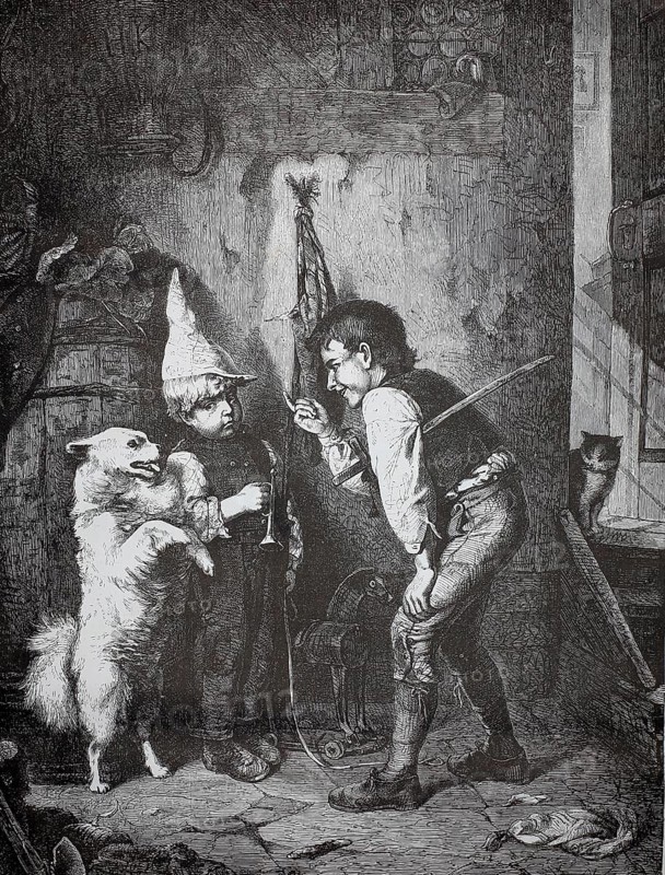 Two boys try to teach the domestic dog tricks, dressage, 1880, Germany, children playing with dog in imaginative disguise, historical, authentic, digitally restored reproduction from a model from the 19th century, record date not stated