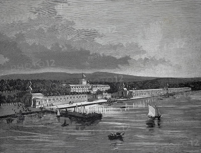 The exhibition building in Trieste, around 1881, Italy, harbor view with boats and historic buildings on the coast, historic, authentic, digitally restored reproduction from a model from the 19th century, record date not stated