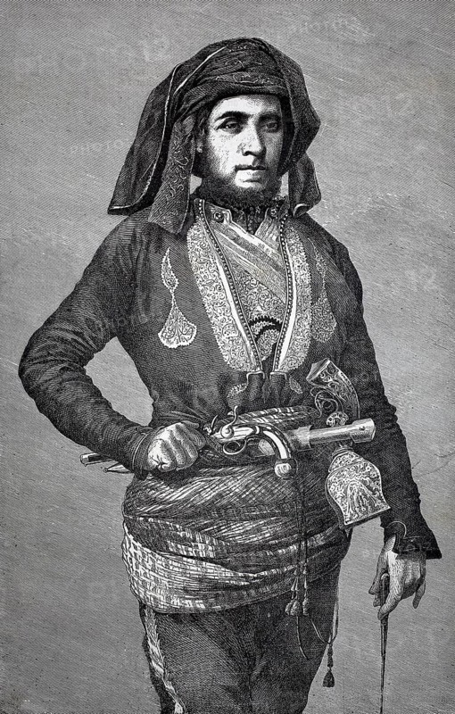 An armed courier with pistol and knife from the 18th century, France, self-confident man in traditional oriental clothing with dagger, historic, authentic, digitally restored reproduction from a 19th-century original, record date not stated