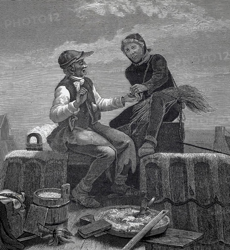 Chimney sweep and mason meeting and talking on a roof, snuff, craftsman offering another man a pinch from the tobacco box, around 1880, two people in historic style, engaged in conversation, in a rural setting, historic, authentic, digitally restored reproduction from a 19th-century original, record date not stated