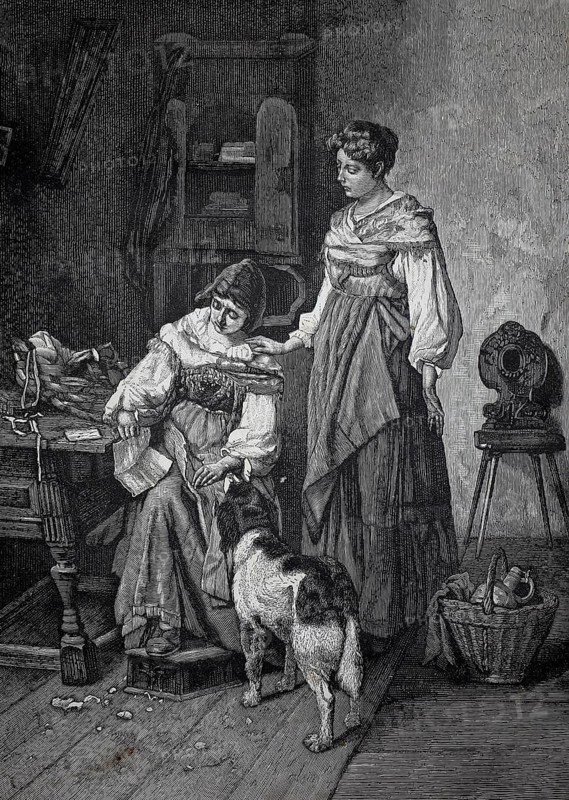 Sad news, woman has received a letter with sad news, girlfriend tries to comfort her, around 1870, two woman with dogs in the home environment, one working on a spinning wheel, historical, authentic, digitally restored reproduction of a 19th-century original, record date not stated