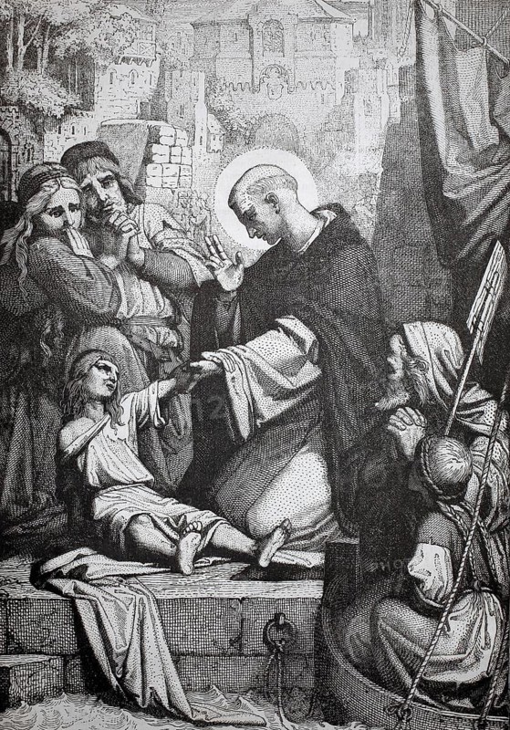 Saint Hyacinthus, Apostle of the Poles, Hyacinth of Poland (ca. 1185-1257), Dominican monk, Holy figure performing a miraculous healing ritual on a child, angel in the background, Historical, authentic, digitally restored reproduction from a 19th century original, Record date not stated