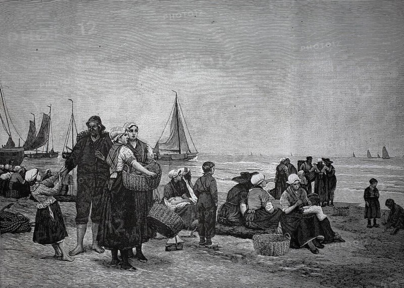 Families of fishermen on Scheveningen beach waiting for the boats to return, 1880, Netherlands, Holland, people and families gather on a beach with sailboats, historic, authentic, digitally restored reproduction from a 19th century original, record date not stated