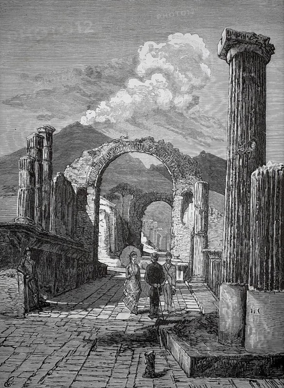Forum Street in the ruined city of Pompeii, Mount Vesuvius in the background, 1880, Italy, tourists visit ancient ruins in front of a smoking volcano, historic, authentic, digitally restored reproduction from a 19th century model, record date not stated