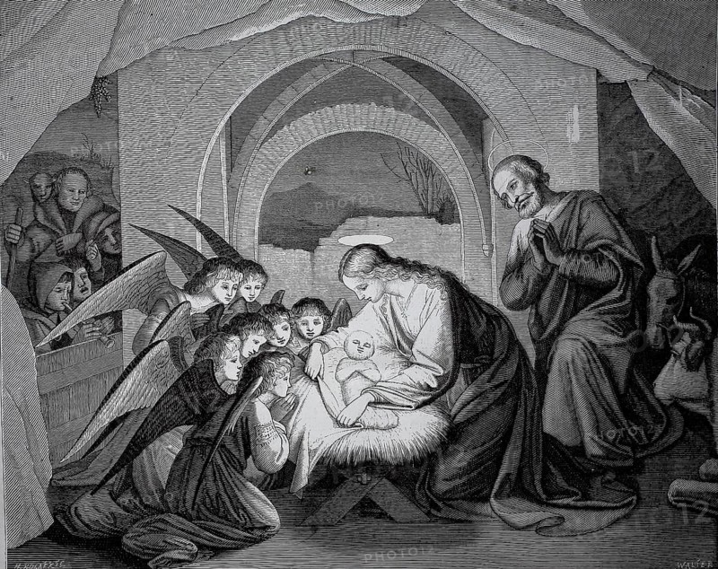 Angels at the crib, birth of Jesus, with his parents Mary and Joseph, Mary and Joseph admiring the baby Jesus in the crib, surrounded by angels in a sacred scene, historical, authentic, digitally restored reproduction from a 19th-century model, record date not stated