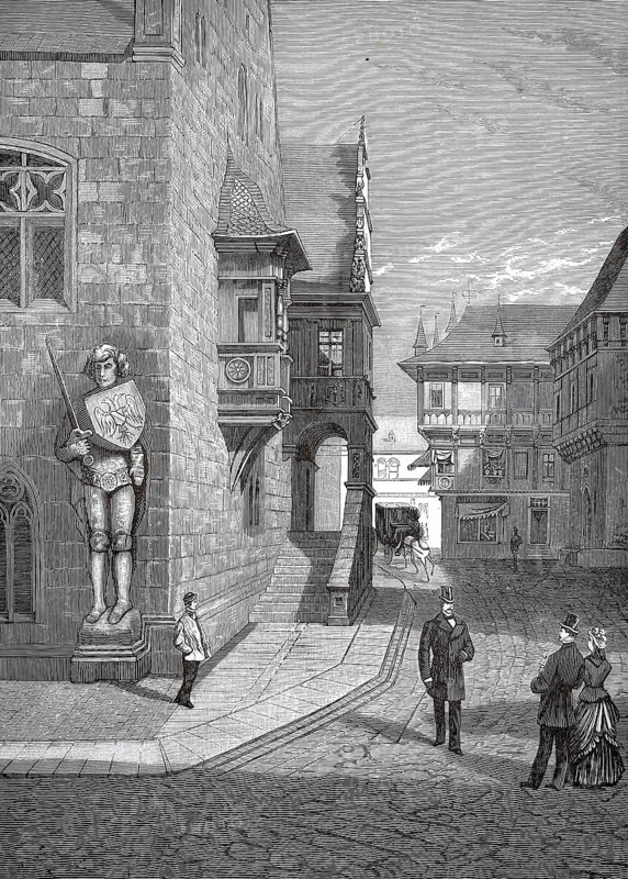The town hall with Roland in Halberstadt in 1880, Saxony-Anhalt, Germany, A few people talking in a medieval city street in daylight, historic, authentic, digitally restored reproduction from a 19th-century model, record date not stated