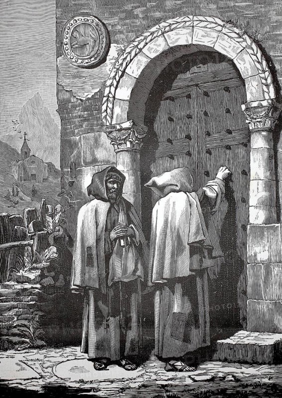 Spanish itinerant monks knocking on the gate of a monastery, 1880, Spain, Two monks knocking on an old monastery door in a medieval setting, historic, authentic, digitally restored reproduction from a 19th-century model, Record date not stated