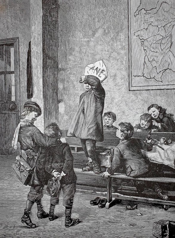 Children playing, tricksters, 1880, Germany, A child with a paper hat is looked at by other students in an old classroom, historical, authentic, digitally restored reproduction from a 19th-century model, Record date not stated