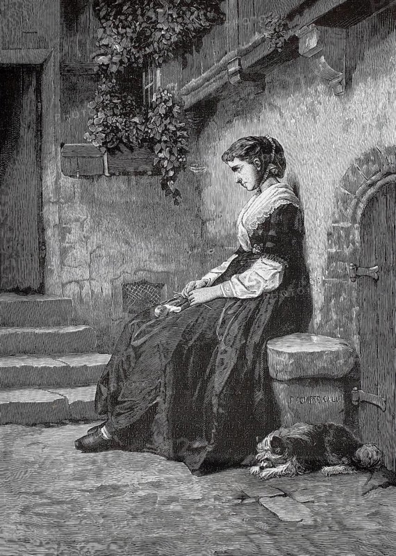 Lonely young woman sitting on a house wall, next to a small dog, sad, 1880, France, A young woman sitting thoughtfully in front of a wall and working with a thread, historical, authentic, digitally restored reproduction of a model from the 19th century, record date not stated