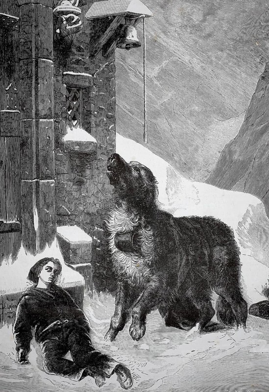 Saint Bernard, dog rescuing an unconscious child lying on church steps, 1880, Switzerland, A dog finds a boy in the snow in front of a mountaineering hut. rescue atmosphere, historic, authentic, digitally restored reproduction from a 19th century original, record date not stated