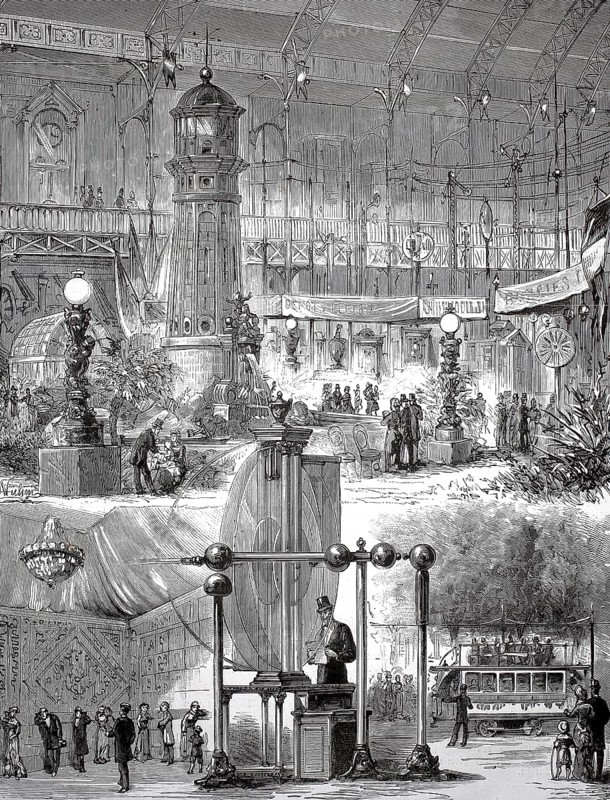 The Exhibition for Electricity in Paris, First International Electricity Exhibition, August 1881, France, A large Victorian exhibition hall with visitors and decorative elements, historical, authentic, digitally restored reproduction from a 19th-century model, Record date not stated
