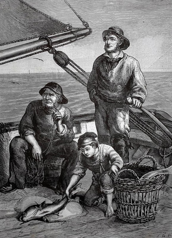 Fishermen return from fishing and have caught some fishermen, two men and a boy, apprentice, on the sailboat, 1880, France, fishermen work on a boat and process fish, the atmosphere is labor-intensive, historical, authentic, digitally restored reproduction of a 19th-century original, record date not stated