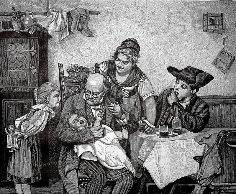 Bitter medicine, doctor gives a child a spoonful of medicine that he doesn't like. The family watches, 1880, Germany, A doctor examines a child in a room while concerned family members watch, historical, authentic, digitally restored reproduction from a 19th-century model, Record date not stated