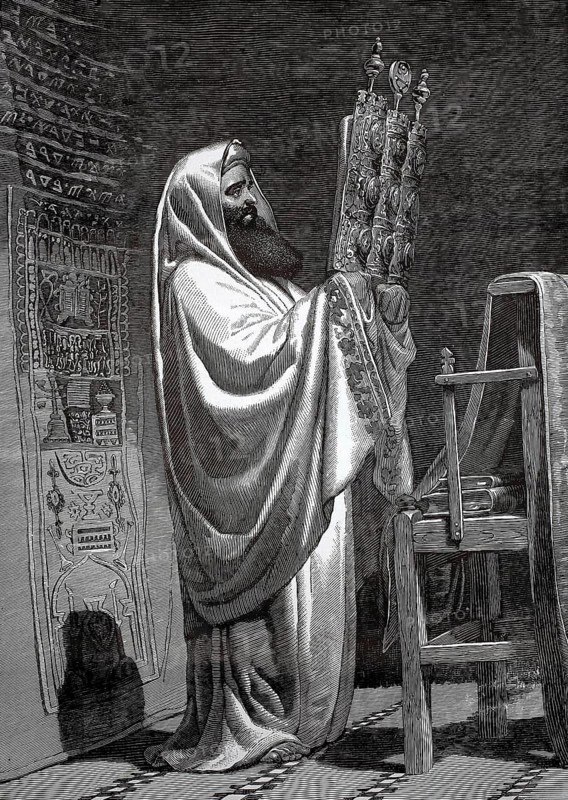 A high priest, highest religious authority in various religious communities, particularly known from Judaism, in Nablus, 1880, historic Palestinian city in the West Bank, today in the Palestinian autonomous area, high priest reading the sacred role in a temple, atmosphere of devotion, historical, authentic, digitally restored reproduction of a model from the 19th century, record date not stated