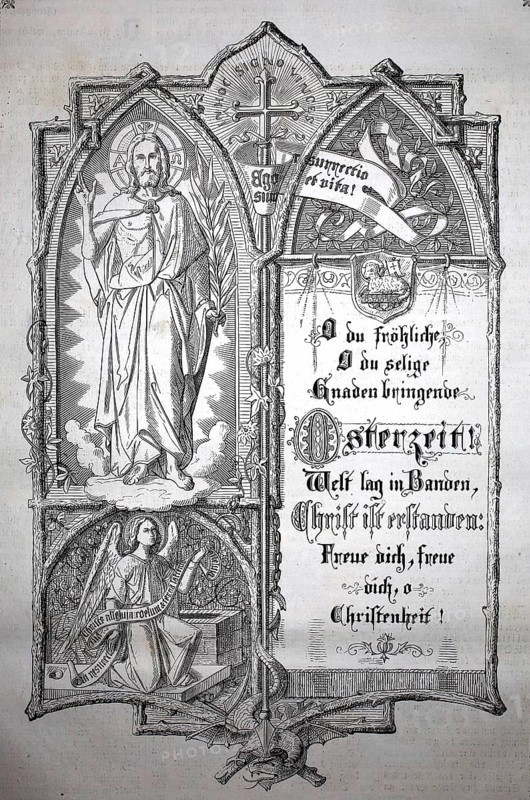 Altarpiece for the celebration of Easter, Christ is Risen, 1880, artistic engraving with Christian symbolism, celebration of Easter, historical, authentic, digitally restored reproduction from a 19th century model, record date not stated