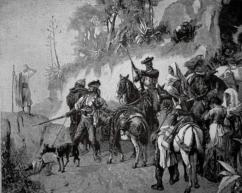 Spanish smugglers, around 1880, Spain, group of travelers with horses in a landscape, adventurous scene, historic, authentic, digitally restored reproduction from a 19th-century original, record date not stated