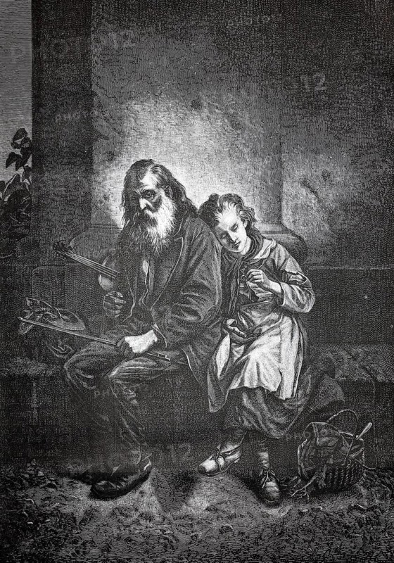 Old bearded man with a violinist, begging musician, sitting on a bench, his daughter leaning on him, 1880, Germany, elderly man with beard and young girl sitting on a bench, melancholy scene, historical, authentic, digitally restored reproduction from a 19th-century original, record date not stated