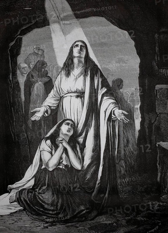 Martyrs in the catacombs, early Christian woman who died during the Roman persecutions (ca. 2nd-4th century) and were buried there, Rome, Italy, Two woman praying in a cave, ray of light falls on them, Expression of faith and hope, Historical, authentic, digitally restored reproduction from a 19th century original, Record date not stated